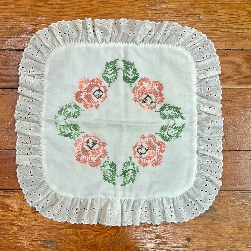Vintage Cross Stitch pillow cover handmade White with eyelet trim pillow cover.